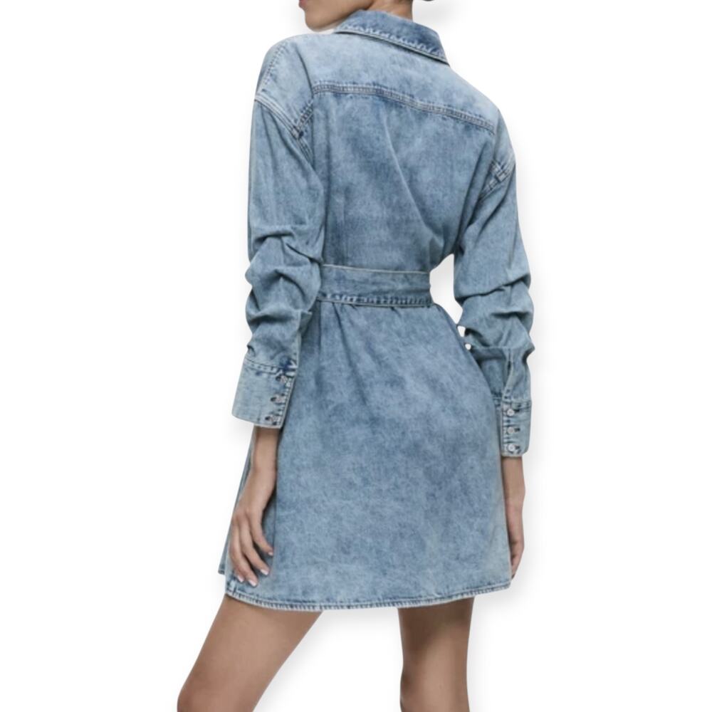 Alice + Olivia Belted Denim Mini Shirt Dress Casual Minimalist Western Large - Picture 2 of 7